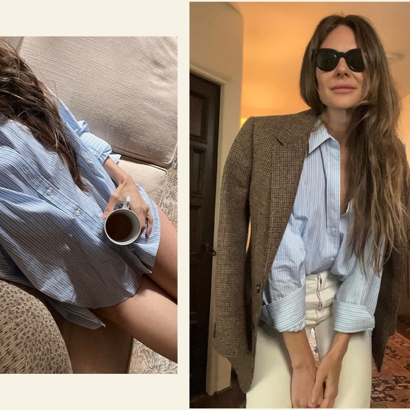 Doen Hava Cotton Oversized Button Down Shirt Blouse Top Santorini Stripe Blue - Picture 7 of 12